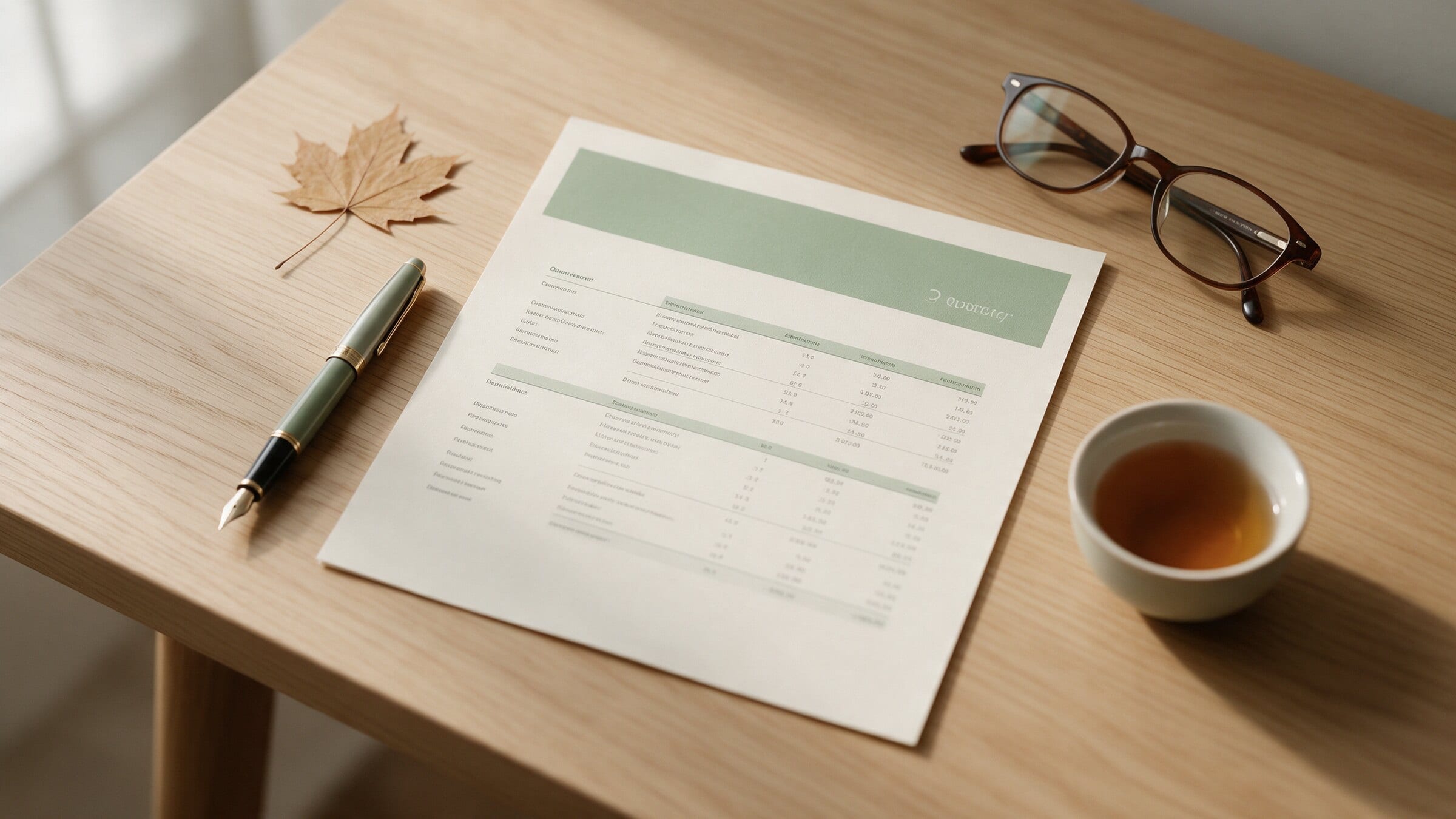 A printed quarterly report on a desk with a pen and a cup of tea