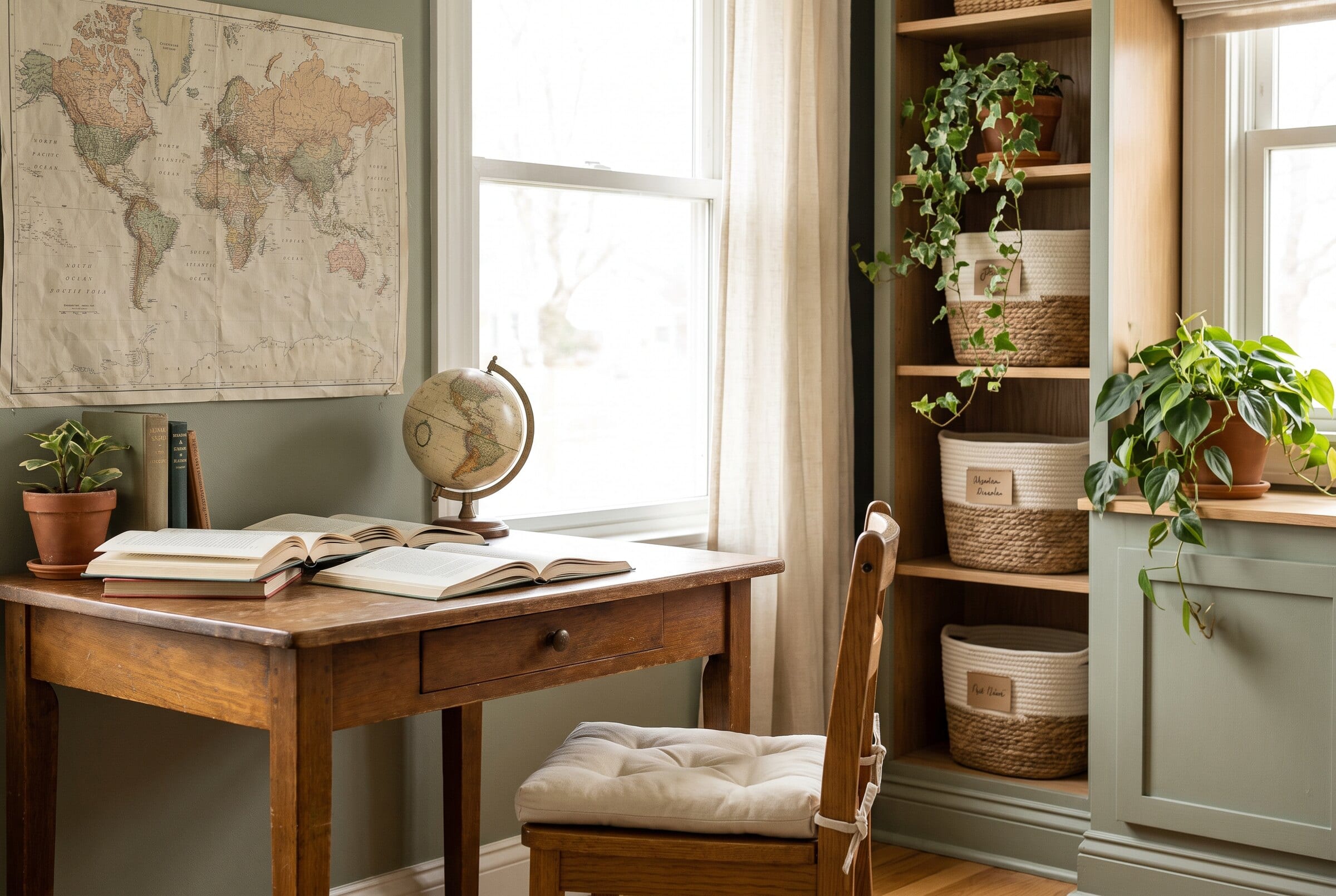 A bright homeschool corner with a wooden table, a globe and a wall map
