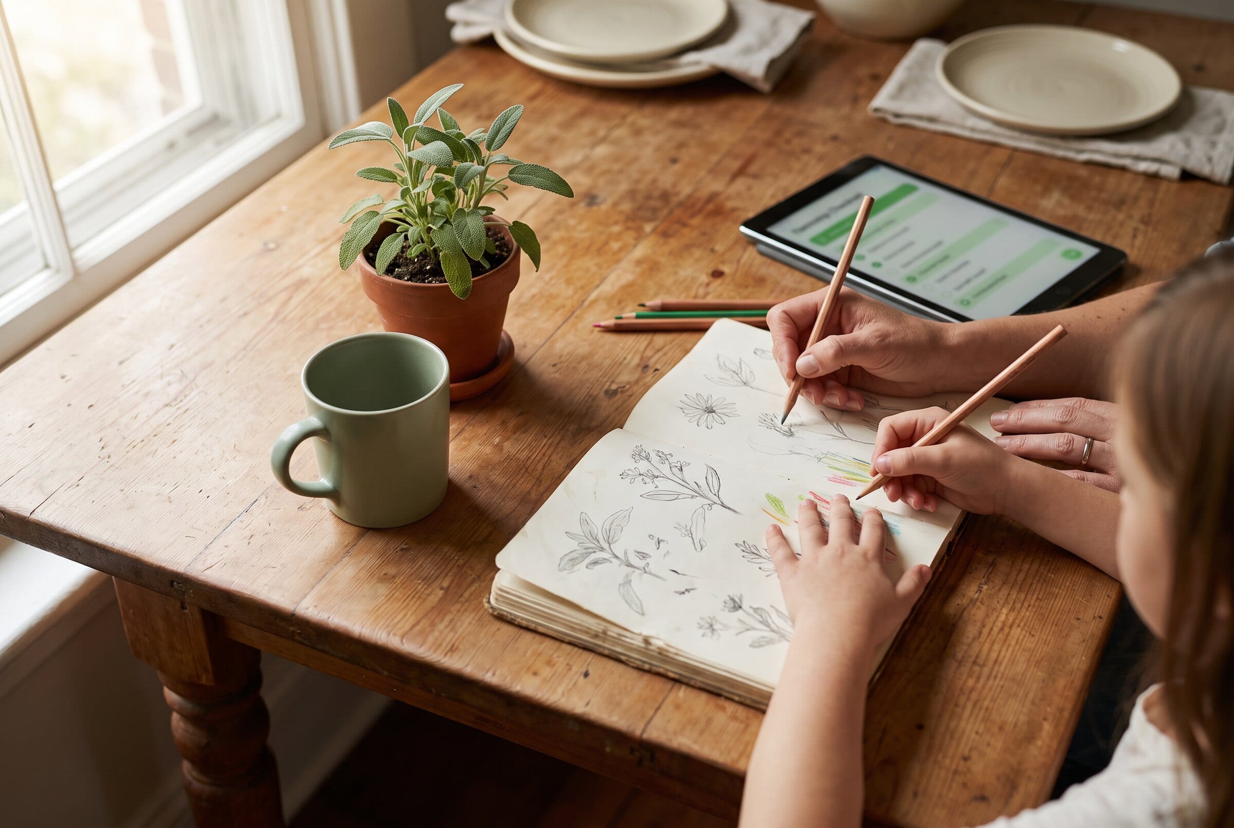 A parent and child working at a sunlit kitchen table