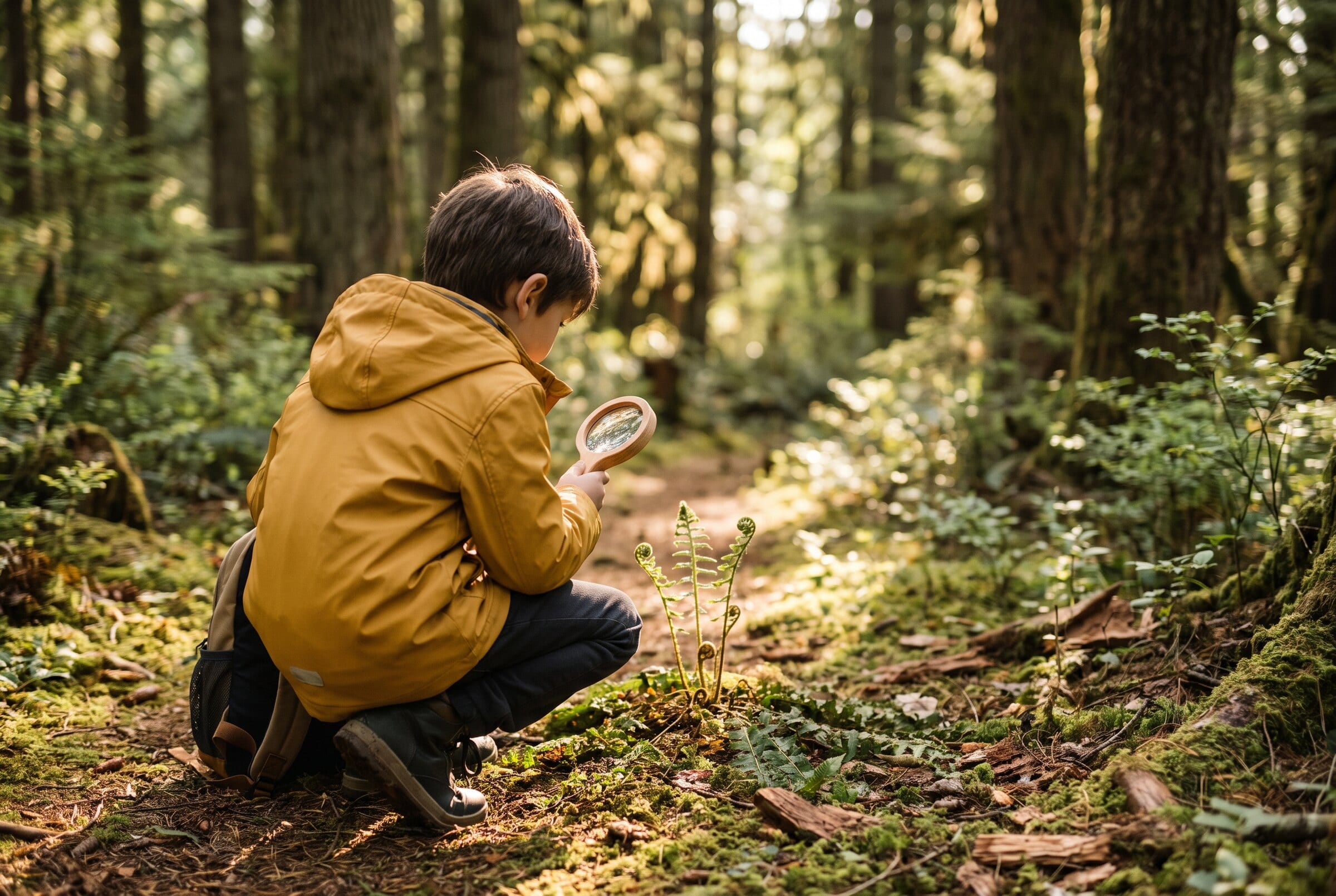 A child in a yellow jacket studying a fern with a magnifying glass