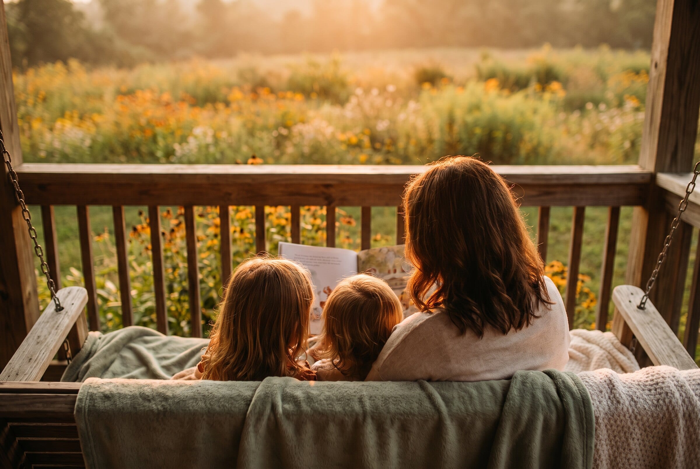 A family reading together on a porch swing at golden hour