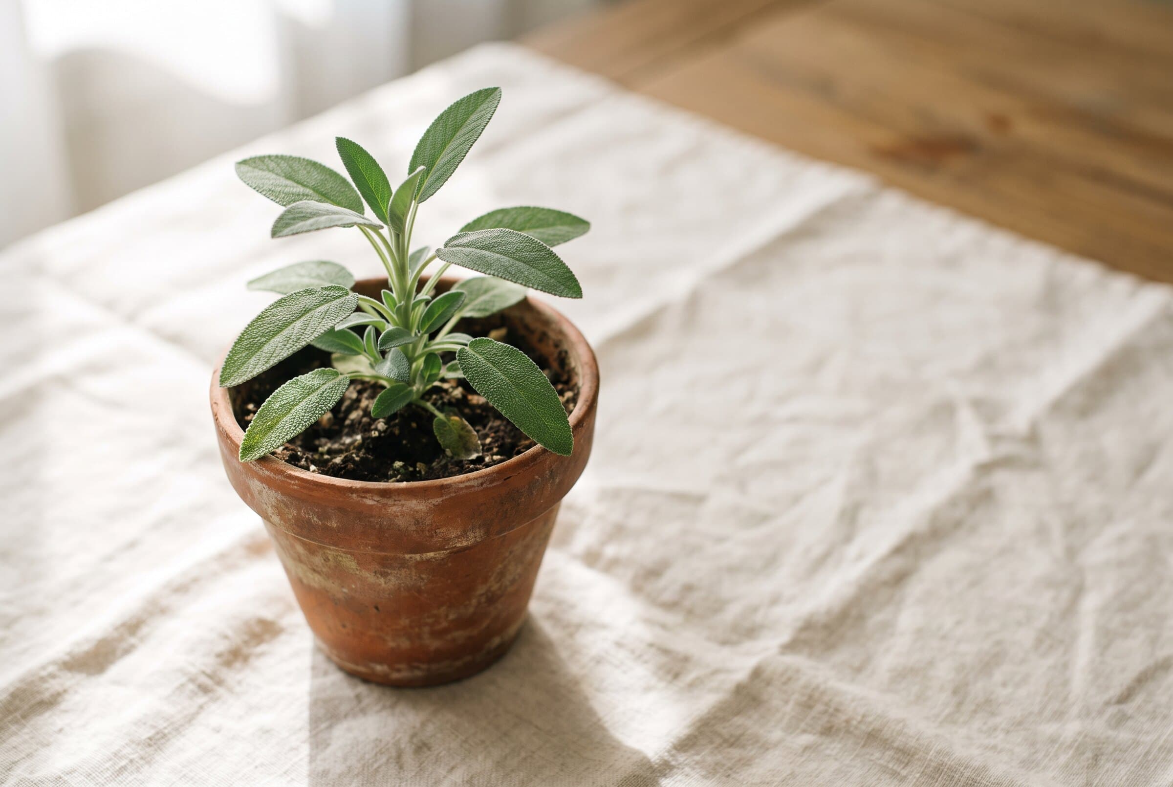 A small sage plant in a terracotta pot on linen
